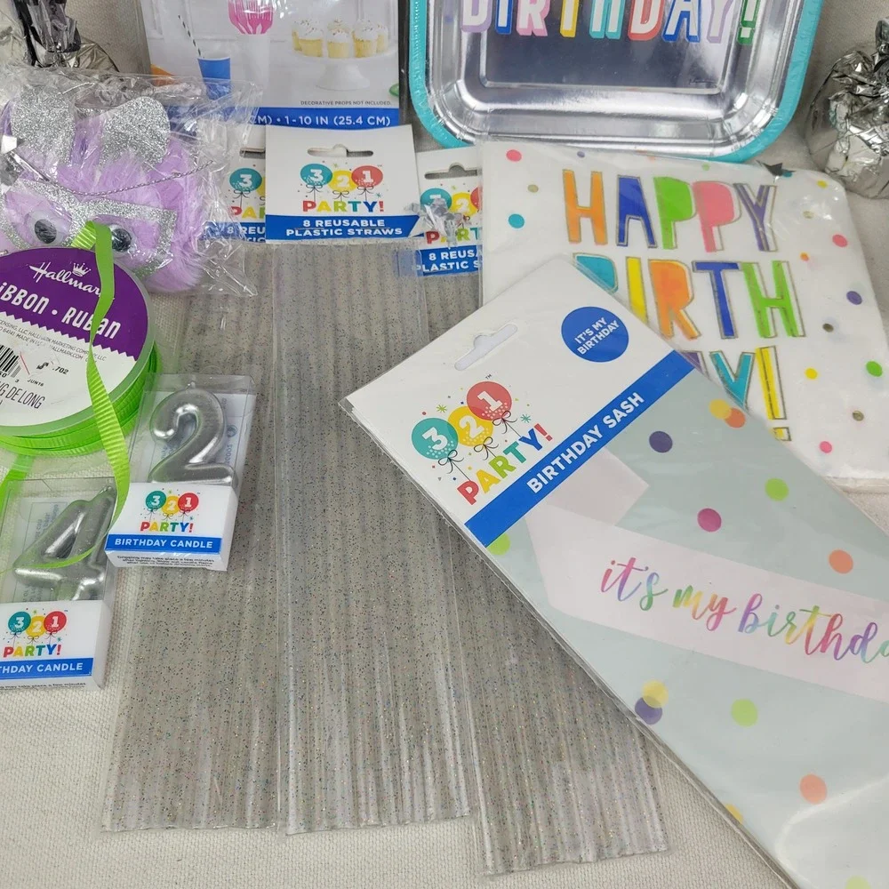 321 Party Birthday Decoration Lot Plates Napkins Sash Candles Etc Silver Rainbow
